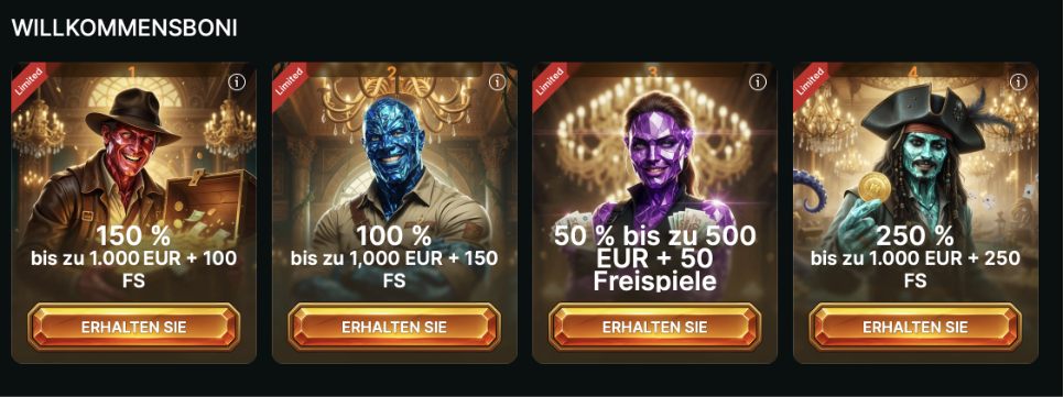 Übersicht der vier Luckygem Willkommensboni mit Prozentangaben und Freispielen