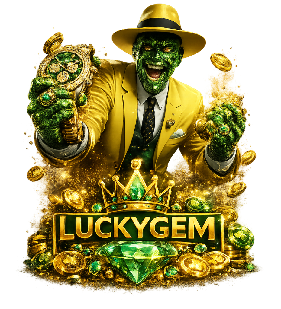 Luckygem-Maskottchen im goldenen Anzug mit Krone, Diamant und LUCKYGEM-Logo
