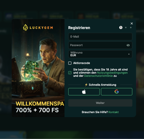 Luckygem Registrierungsfenster mit Währungsauswahl EUR
