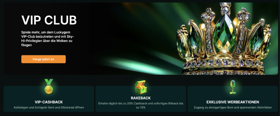 Luckygem VIP Club Banner mit goldener Krone auf grünem Hintergrund